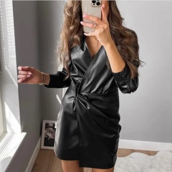Zara Black Faux Leather Dress Faux Wrap Shirt Dress Lapel Collar Size Small - Picture 7 of 8